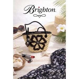 Brighton Shiloh Woven Straw Tote with Chocolate Leather Floral Cutout